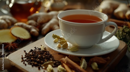 delicious tea on a white cup, ginger bits, cloves, cinnamon, cardamom, fennel, aniseed behind the tea