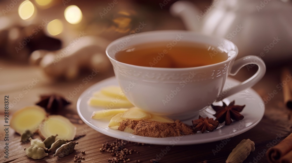 delicious tea on a white cup, ginger bits, cloves, cinnamon, cardamom, fennel, aniseed behind the tea delicious tea on a white cup, ginger bits, cloves, cinnamon, cardamom, fennel, aniseed behind the tea