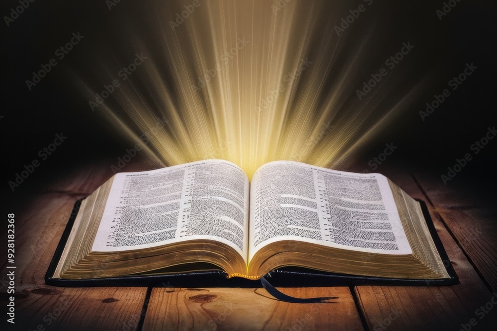 Illuminated Open Bible on Dark Background Illuminated Open Bible on Dark Background