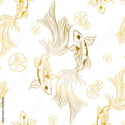 Vector banner with traditional Chinese elements and ornament. Koi carp in white and blue background with peony flowers and sun. fish koi japanese chinese design sketch ink paint style