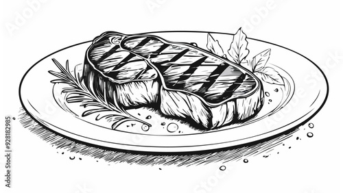 Meat Steak on Plate Sketch Illustration - Beef Food BBQ Lamb Sirloin Slice Raw Menu Grill Eatery Buthering Brisket Rib
