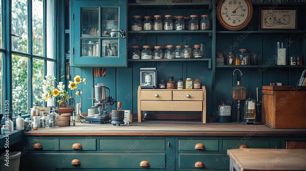 Teal Cabinet With Glass Jars and a Metal Coffee Maker Teal Cabinet With Glass Jars and a Metal Coffee Maker