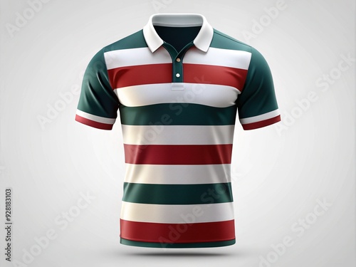 Customizable rugby jersey template with bold stripes, classic collar, and blank badge, ideal for creating personalized team uniforms or sporty graphic designs. photo