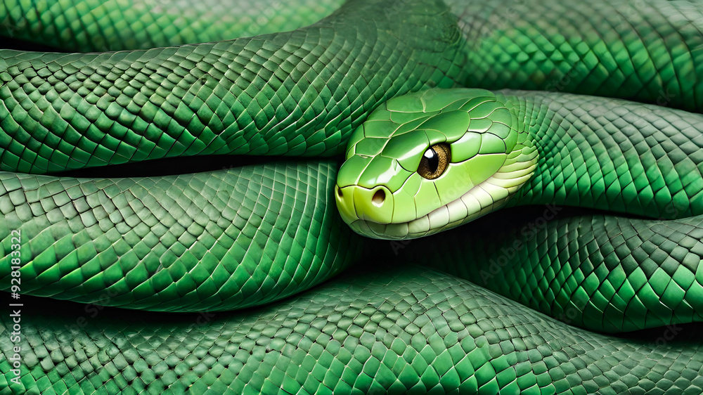 Obraz premium Close to green snake. Reptile skin texture 
