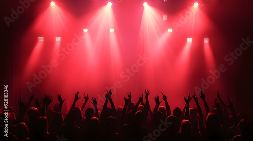 Silhouetted Crowd with Raised Hands Under Red Stage Lights