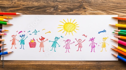 Charming child's art depicting pirates on a treasure hunt adventure, featuring a treasure chest, bright sun, and simplistic white paper on wooden table setting. Nostalgic and imaginative playtime conc photo