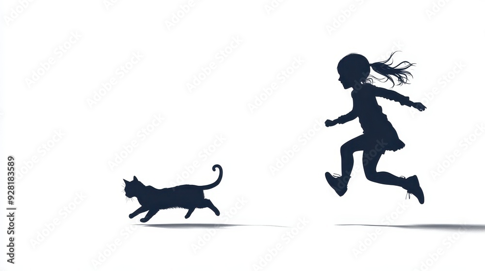Naklejka premium A playful silhouette of a girl running joyfully alongside a cat, capturing the essence of friendship and freedom.