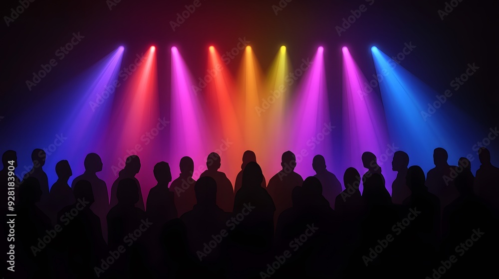 Silhouettes of people in a dark room illuminated by colorful spotlights