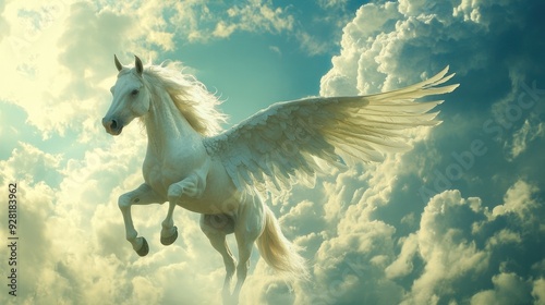 A stunning illustration of a winged horse Pegasus flying in a cloudy sky. photo