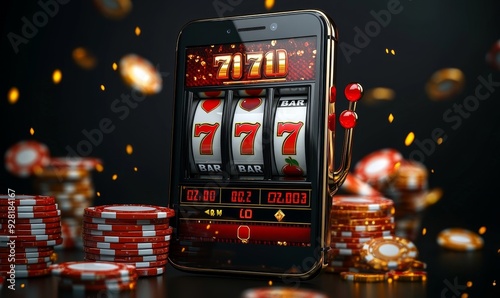 Banner of mobile online casino application with 777 big win slot machine. Poster with online mobile app casino and Jackpot 777, Generative AI