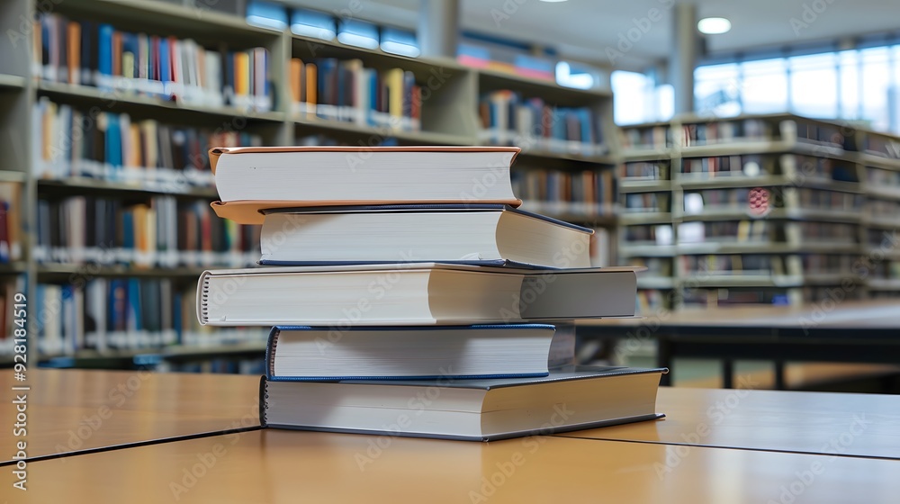 Pristine Textbook Stack on Library Table, Embodiment of Untapped Knowledge Awaiting Exploration Pristine Textbook Stack on Library Table, Embodiment of Untapped Knowledge Awaiting Exploration