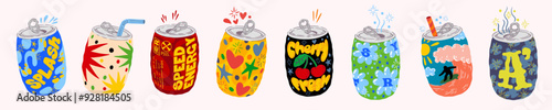 Soda drink. Cute kawaii metal can for fruit beverage bottle. Doodle design of carbonated cola. Juice flavor. Aluminum tin with straw. Energy or cherry lemonade. Vector trendy products set