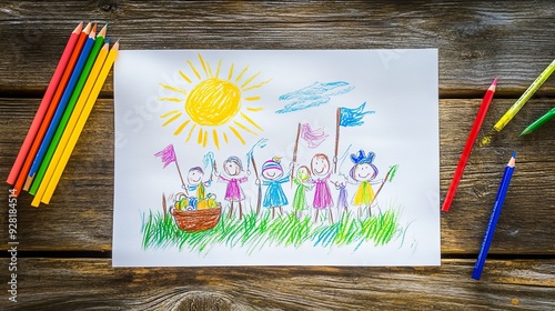 Charming child's art depicting pirates on a treasure hunt adventure, featuring a treasure chest, bright sun, and simplistic white paper on wooden table setting. Nostalgic and imaginative playtime conc photo