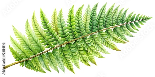 Delicate watercolor illustration of a lush green fern frond with intricate details and soft, blended colors, evoking a sense of serenity and natural beauty.