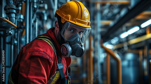 Closeup of an industrial worker wearing a respirator mask and hard hat looking to the left in an industrial setting.