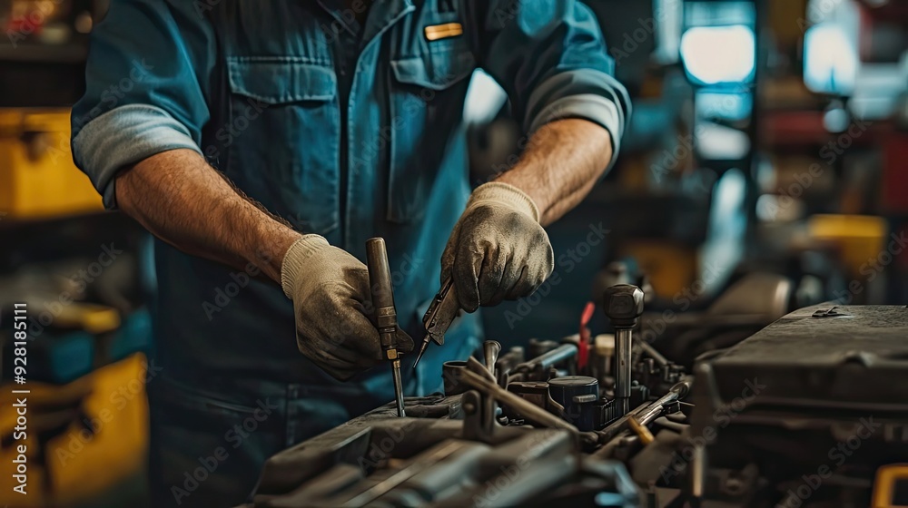 Mechanic Working on an Automobile Engine Mechanic Working on an Automobile Engine