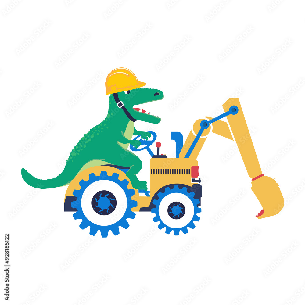 A cheerful green dinosaur, wearing a hard hat, operates a small excavator. This cartoon illustration is perfect for construction-themed designs, kids' apparel, or as a motivational poster. A cheerful green dinosaur, wearing a hard hat, operates a small excavator. This cartoon illustration is perfect for construction-themed designs, kids' apparel, or as a motivational poster.