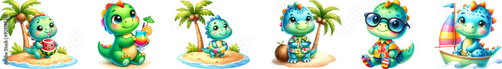 Naklejka premium Dinosaur summer cute for kids, watercolor illustration.