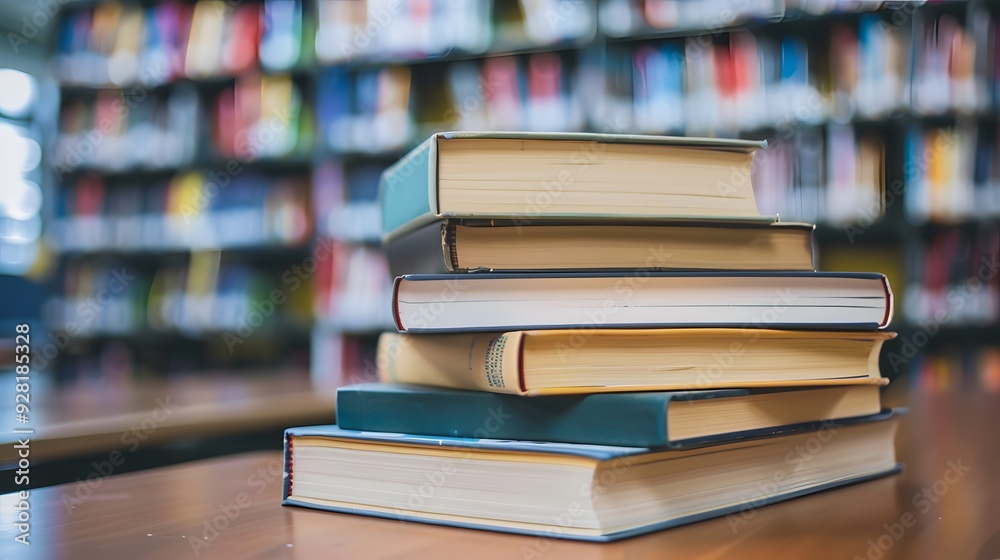 Pristine Textbook Stack on Library Table, Embodiment of Untapped Knowledge Awaiting Exploration Pristine Textbook Stack on Library Table, Embodiment of Untapped Knowledge Awaiting Exploration