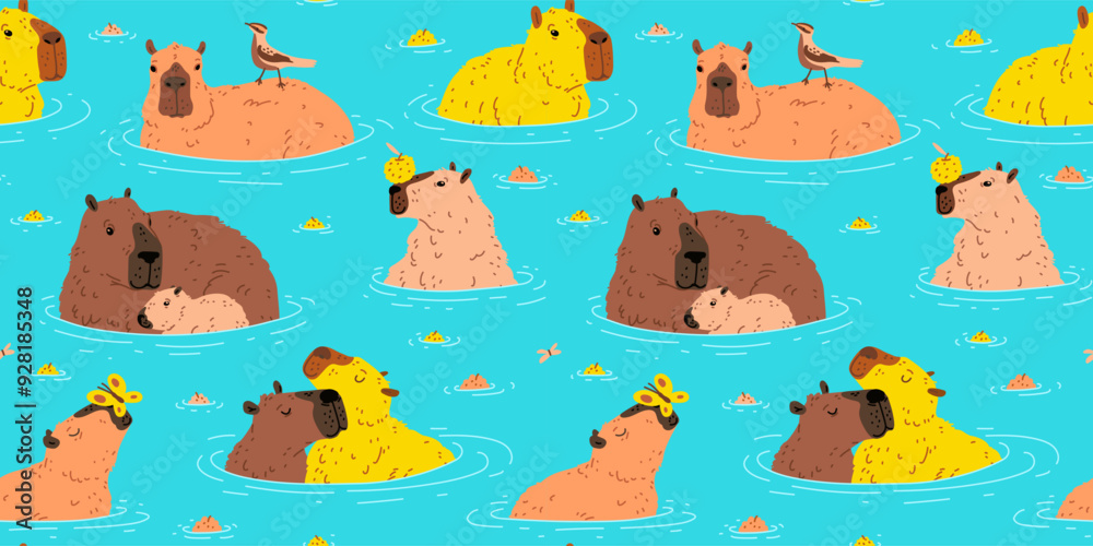 Capybara swimming in water, seamless illustration. Capybara swimming in water, seamless illustration.
