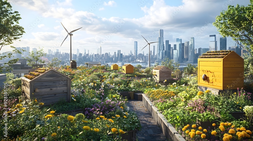 Fototapeta premium Thriving urban rooftop garden abundant with lush vegetation beehives and small wind turbines creating a sustainable and eco friendly oasis amidst the concrete jungle cityscape