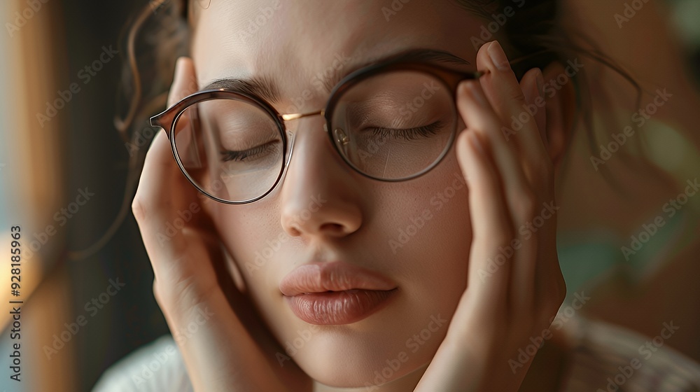 Close-up of a woman's face with her eyes closed and hands on her cheeks. She is wearing round, brown-rimmed glasses. Close-up of a woman's face with her eyes closed and hands on her cheeks. She is wearing round, brown-rimmed glasses.