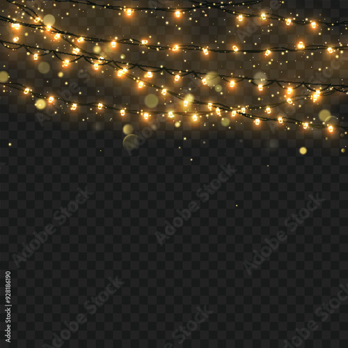 Golden string lights hanging, glowing softly, against a transparent checkered background. Vector