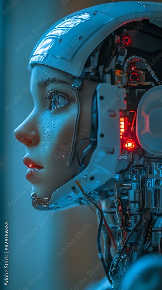 Futuristic female android with exposed circuitry. Futuristic female android with exposed circuitry.