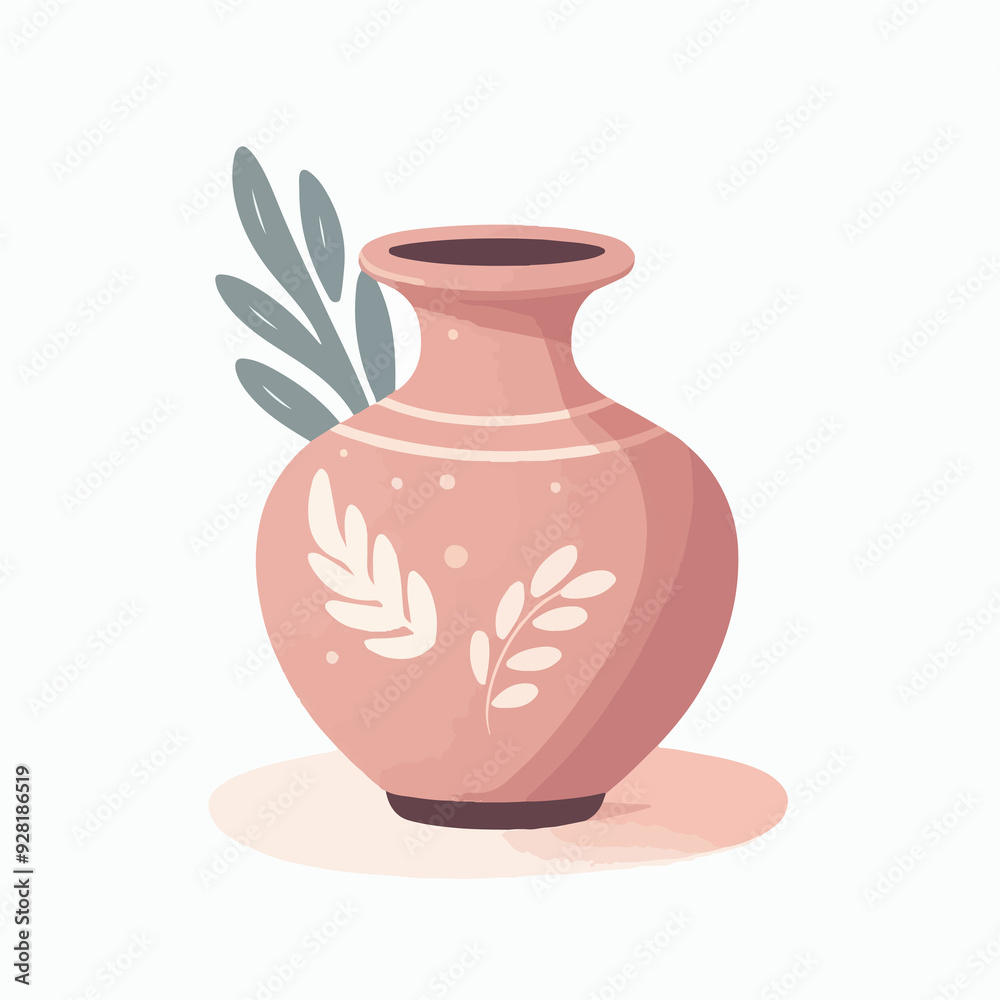 A pink vase with leaves on it sits on a white background A pink vase with leaves on it sits on a white background
