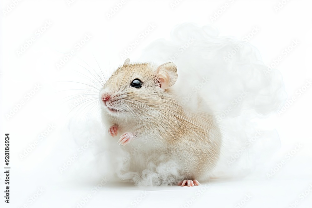 A Small, White, Fluffy Mouse Sitting In Smoke A Small, White, Fluffy Mouse Sitting In Smoke