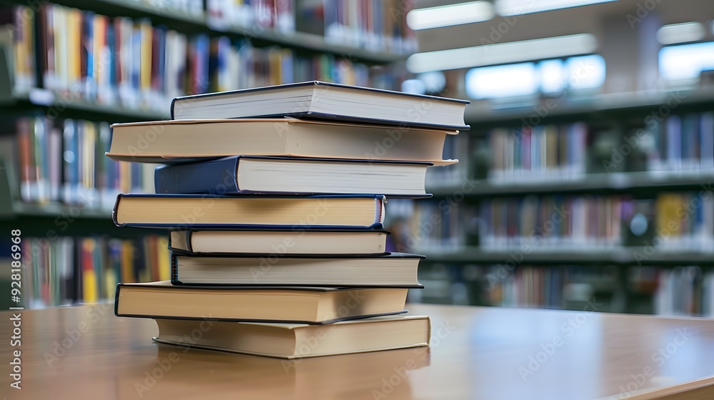 Pristine Textbook Stack on Library Table, Embodiment of Untapped Knowledge Awaiting Exploration