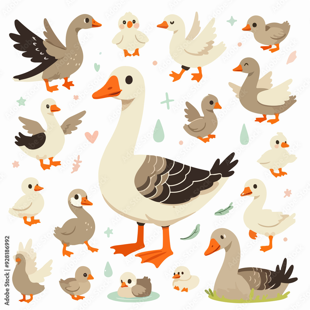 Fototapeta premium A collection of cartoon ducks with one large duck in the middle