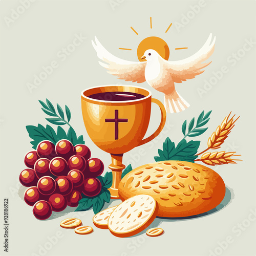 A bird is flying above a cup and a piece of bread