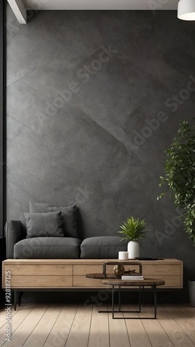 Modern Living Room with Gray Concrete Wall, Wooden Sofa and Coffee Table