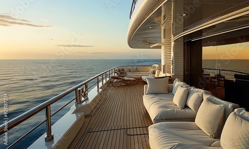 Luxury yacht deck with lounge chairs, facing the ocean at sunset. photo