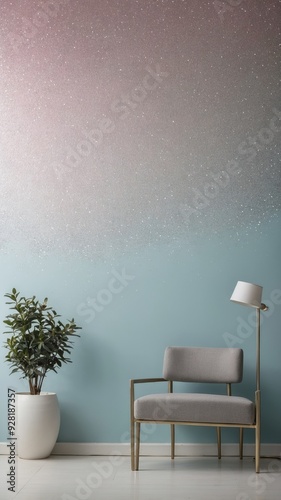 Minimalist Living Room with a Grey Armchair and a Glittery Wall