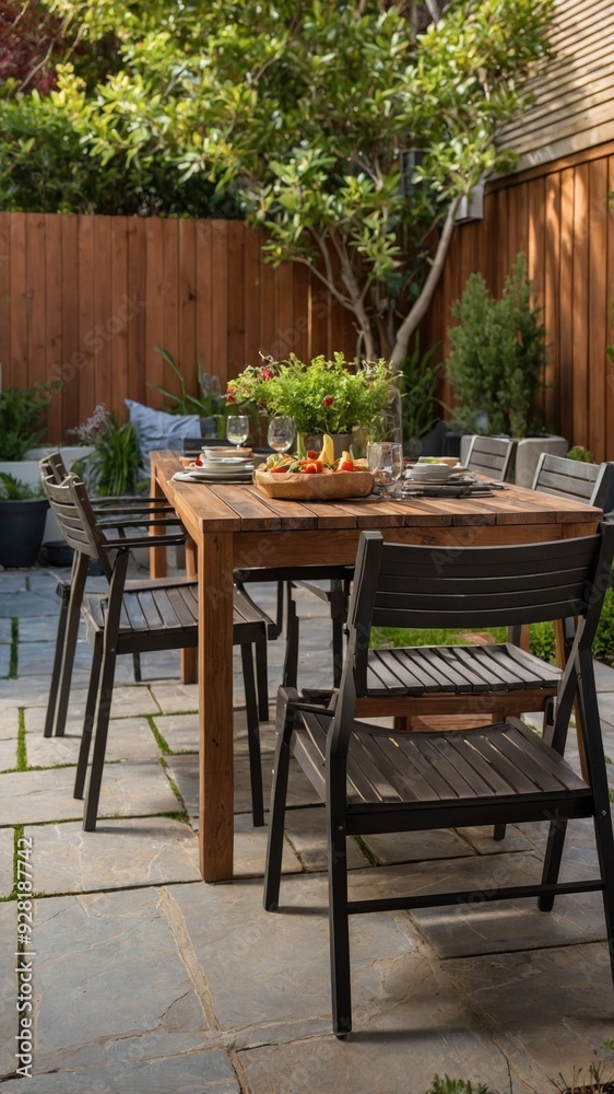Outdoor Patio Dining Set with Wooden Table and Black Chairs Outdoor Patio Dining Set with Wooden Table and Black Chairs