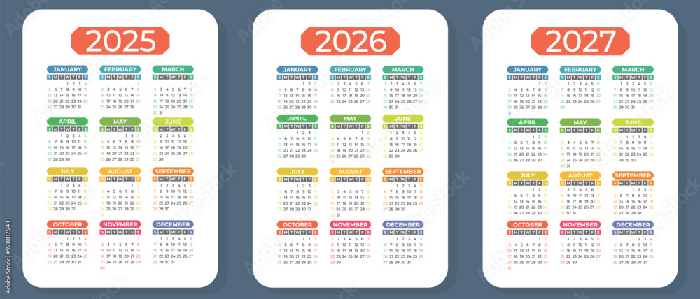2025, 2026 and 2027 calendar set. Vector pocket calender design. Week starts on Sunday. January, February, March, April, May, June, July, August, September, October, December 2025, 2026 and 2027 calendar set. Vector pocket calender design. Week starts on Sunday. January, February, March, April, May, June, July, August, September, October, December