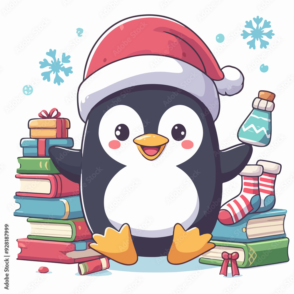 Obraz premium A penguin wearing a red hat and holding a bottle of water
