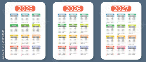 2025, 2026 and 2027 calendar set. Vector pocket calender design. Week starts on Sunday. January, February, March, April, May, June, July, August, September, October, December