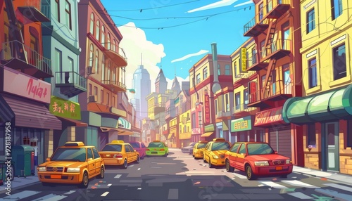 Sunny day in the big city. Iconic skyline with city traffic. Colorful urban landscape. Cartoon 2d cityscape illustration background.