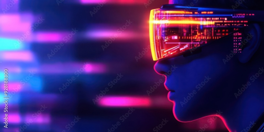 A futuristic portrait of a person wearing augmented reality glasses, glowing with vibrant neon colors and data streams. A futuristic portrait of a person wearing augmented reality glasses, glowing with vibrant neon colors and data streams.