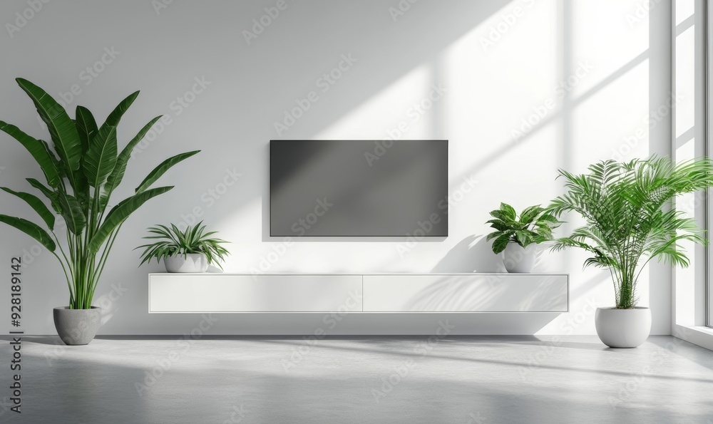 Simple minimal cabinet for tv interior wall mockup, Generative AI Simple minimal cabinet for tv interior wall mockup, Generative AI