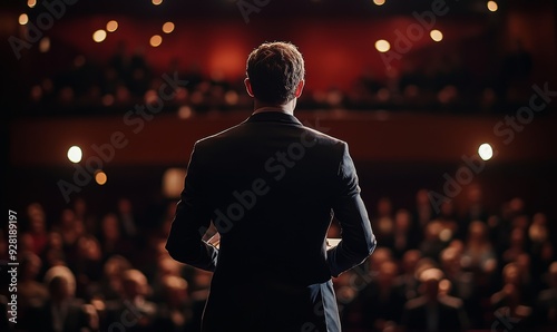 Back view of Man in business suit giving a speech on the stage in front of the audience, Generative AI