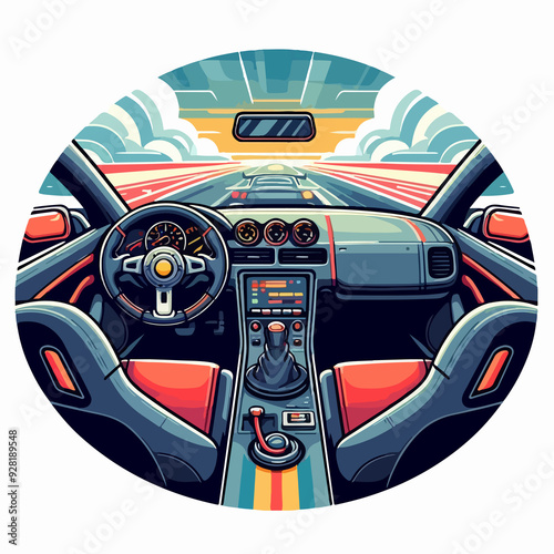 A cartoon drawing of a car with a steering wheel and a dashboard