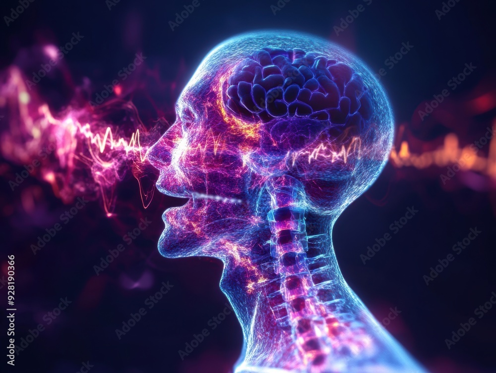 Ionizing radiation waves passing through human tissue are depicted in a 3D render, showing the medical diagnosis in progress. Ionizing radiation waves passing through human tissue are depicted in a 3D render, showing the medical diagnosis in progress.
