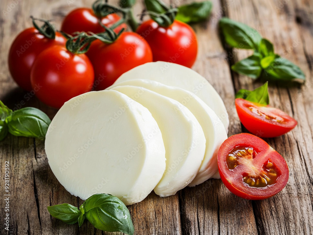 Mozzarella with ripe tomatoes and fresh basil, on the table, gourmet cuisine. Mozzarella with ripe tomatoes and fresh basil, on the table, gourmet cuisine.