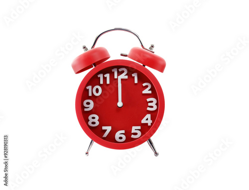 minimalist round red alarm clock isolated on transparent, midnight or lunch break time