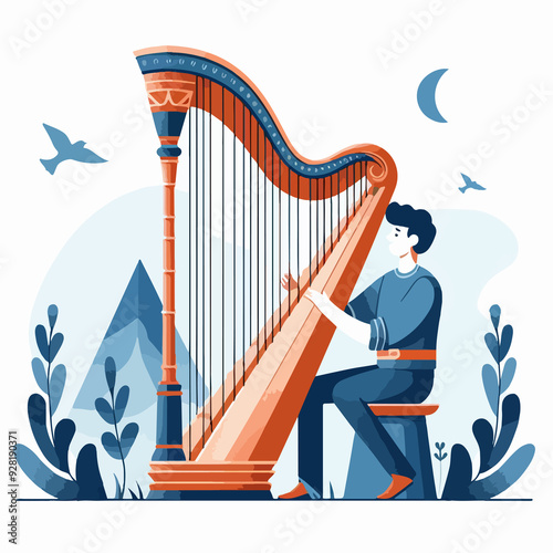 A man is playing a harp in a field with birds in the background