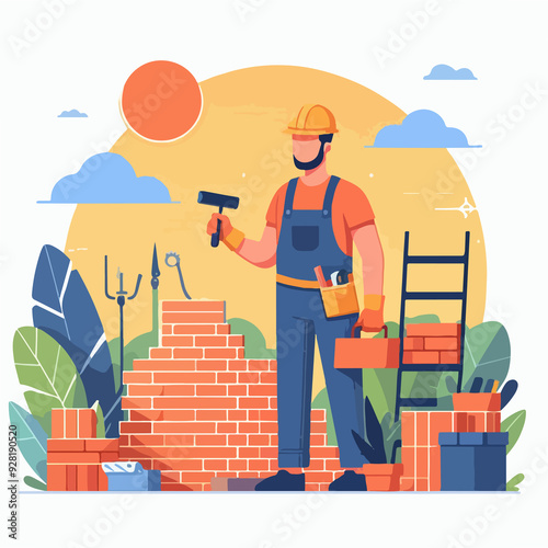A man in a hard hat is holding a hammer and standing in front of a brick wall